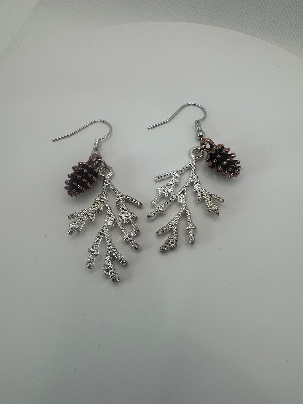 Delicate Pinecone and Branch Dangle Silver Earrings